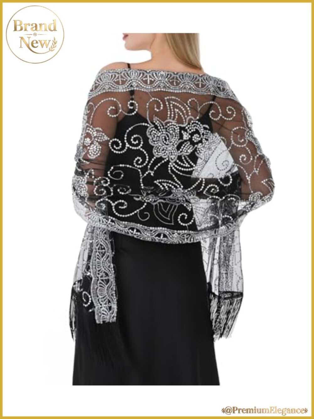 Embroidered Lace Sequin Chiffon Shawl Wrap Fringe Evening Formal